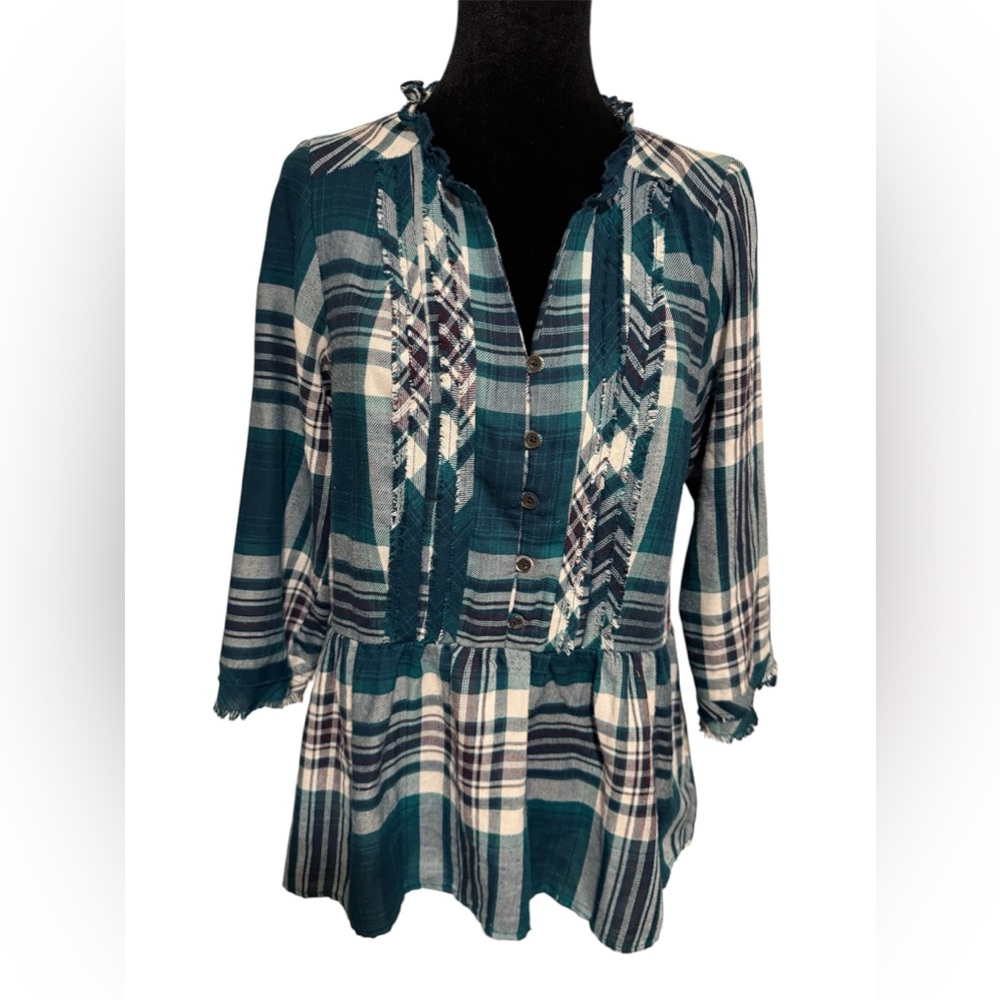 Knox Rose Green Plaid Flannel Peplum 3/4 Sleeve Tunic Top Size M